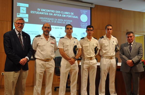 In May, Rear Adm. Carlos Rodolfo, PRT N (Ret.) (l), regional vice president, Atlantic Region, with Rear Adm. Mario Simoes Marques, commander of the Portuguese Naval Academy (2nd from l), and  Victor Lobo, faculty adviser (far r), welcome the new chapter board members (l-r) Cadet EN-AEL Caldeira Chaves, president; Cadet EN-MEC Joel Martins, first vice president; and Cadet EN-AEL Amaro Vitorino, secretary.