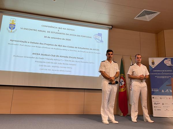 Cadet Beirao Amador, chapter president, and Cadet Mota Gomes answer questions following their presentations during the September meeting.