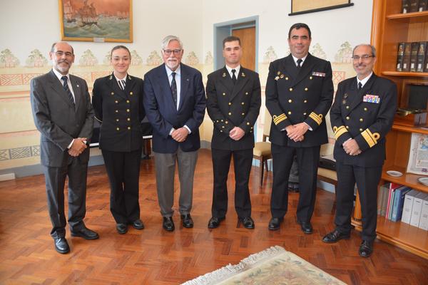 Present at the December ceremony (l-r) are Rear Adm. Mario Simoes Marques, PRT N (Ret.), Portugal Chapter president; ASPOF EN-AEL Catarina Candeias, chapter vice president; Rear Adm. Carlos Rodolfo, PRT N (Ret.), regional vice president, Atlantic Region; Cadet EN-AEL Manuel Cruz Marcelino, chapter president; Cmdr. Monteiro Marques, PRT N, faculty advisor; and Rear Adm. Rodrigues Campos, PRT N, commander of the Naval Portuguese Academy. 