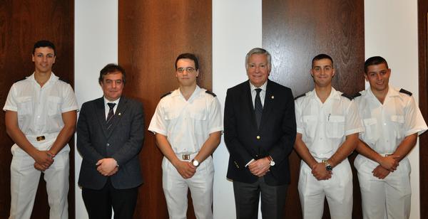 In June, Rear Adm. Carlos Rodolfo (3rd from r), PRT N (Ret.), regional vice president, Atlantic Region, welcomes new Almada Student Chapter board members (l-r) Cadet EN-AEL Lameira Quina, chapter secretary; Professor Victor Lobo, faculty adviser; Cadet EN-MEC Nuno Lopes Nunes, chapter president; Cadet EN-MEC Silva Ferreira, chapter first vice president; and Cadet EN-AEL Santos Baptista, chapter second vice president.