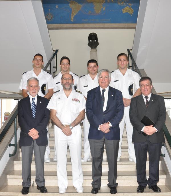 Attending the May student chapter meeting at the Portuguese Naval Academy are (front row, l-r) Rear Adm. Mario Durao, Portugal Chapter president; Rear Adm Simoes Marques, commander of the academy; Rear Adm. Carlos Rodolfo, PRT N (Ret.), AFCEA regional vice president, Atlantic region; and Victor Lobo, professor and faculty adviser; (second row, l-r) Cadet Bruno Pereira; Cadet Lobo Senica; Cadet Baptista; and Cadet Rocha Araujo.