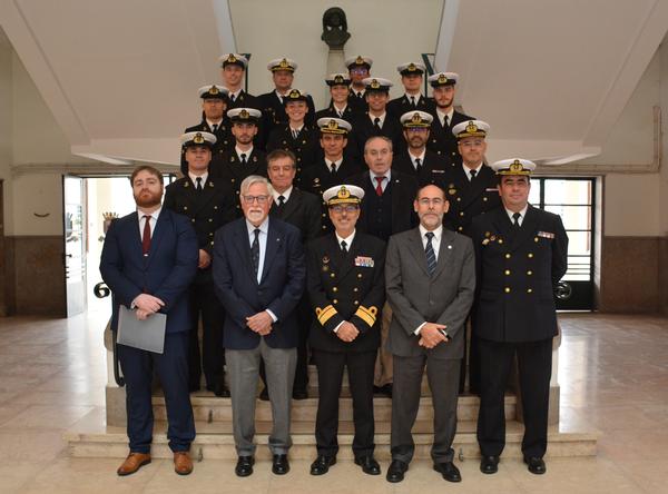 Rear Adm. Rodrigues Campos, PRT N, commander of the Naval Portuguese Academy, (front row c), joined the  participants at the student chapter's new member ceremony, held at the Portuguese Naval Academy in December.