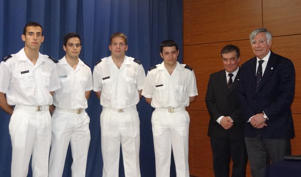 At the May student meeting, Adm. Rodolfo (r) and Lobo (2nd from r) welcome new student chapter board members (l-r) Cadet Pereira, secretary; Cadet Lobo Senica, second vice president; Cadet Rocha Araujo, first vice president; and Cadet Baptista, president. 