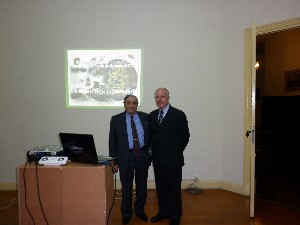 In June, Rear Adm. Emilio Nigoul, ARA (Ret.) (l), chapter president, joins Col. Hugo Cargnelutti, EA (Ret.), chapter secretary, prior to the chapter's symposium on network centric warfare.