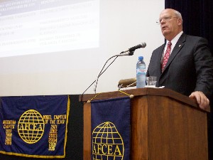 Kent Schneider, president and chief executive officer of AFCEA International, addresses the chapter in April.