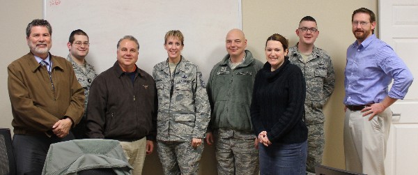 Present at the January chapter board meeting to vote on an interim executive vice president (l-r) are Benjamin Rosales; Lt. Chaim Shmuel Stitzer, USAF; outgoing executive vice president Kevin Smith; Senior Master Sgt. Barbara Schleben, USAF; Master Sgt. Alfred O'Connor; Brigette Melton of General Dynamics Information Technology; Lt. Timothy Hoffman, USAF; and Joshua Fisher of General Dynamics Information Technology. 