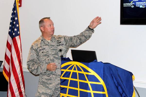 Col. Scott E. Solomon, USAF, chief information officer for Global Strike Command discusses current cyber threats to the nuclear enterprise during the chapter's December luncheon.