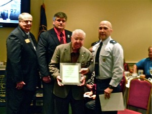 In January, Tom Gwaltney(l) , regional vice president, and Kelley Crooks (2nd from l), regional vice president, join Lt. Col. Curtis Juell, USAF (r) chapter president, to present Fred Moffitt with a lifetime membership certificate and lapel pin and to recognize him as a Founding Father of the chapter. Both regional vice presidents were in attendance as the chapter was realigned from the Mid-South to the Texas region effective January 2012.