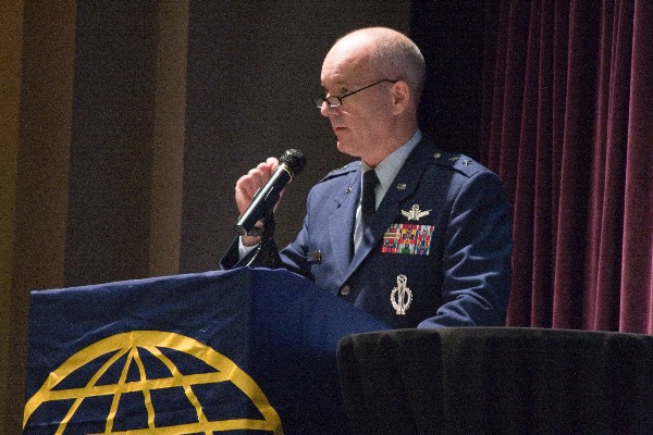 Maj. Gen. Michael E. Fortney, USAF, the vice commander of Air Force Global Strike Command at Barksdale Air Force Base, Louisiana, tells students at the chapter's April scholarship banquet to never stop asking why.