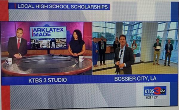 Rick Rowe of KTBS 3 News (r) hosts the ArkLaTex Annual Scholarship Presentation at the Cyber Innovation Center in May. Students and teachers are presented scholarships and grants by ArkLaTex chapter leadership and sponsors.