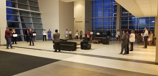 Scholarship winners, chapter staff, sponsors and news crew gather in the renowned Cyber Innovations Center for the scholarship presentation broadcast live on KTBS 3 ABC in May.