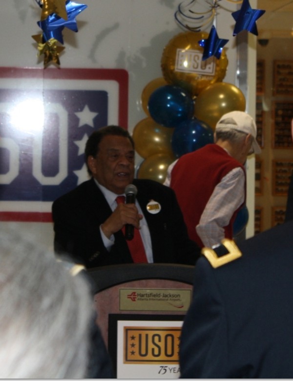 UN Ambassador Andrew Young addresses the audience at the USO 75th anniversary event in February. 