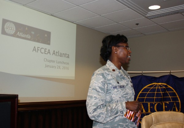 Maj. Andrea Walthour, commander, 94th Communications Squadron, Dobbins Air Reserve Base, greets the chapter in February and formally introduces the 94th Communications Squadron as the new military sponsor for the chapter.