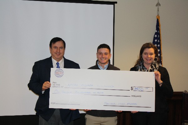 Georgia Tech student Aaron Royer (c) receives the chapter's $1,500 2016 scholarship check from Chapter President Dave Landry (l) and Chapter Vice President for Scholarships Julie Goetz at the luncheon in February. 