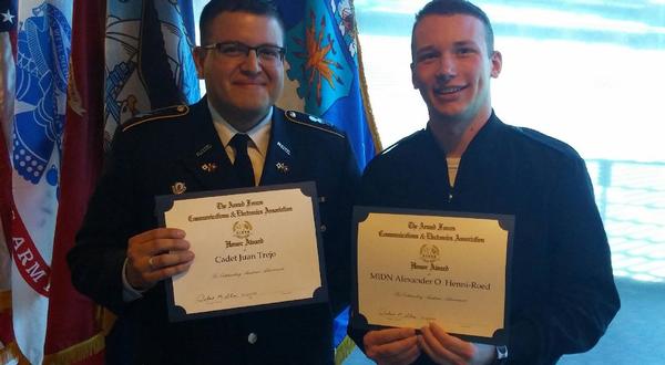 Cadets Juan Trejo (l) and Alexander Henni-Roed receive AFCEA's Honor Award at Georgia Tech's military awards ceremony in April.