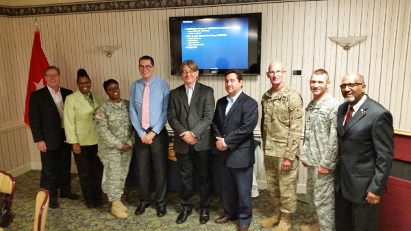 Attending the October Lunch and Learn are (l-r) Bob Damen, chapter president; Brenda Howard, chapter secretary; Sgt. 1st Class Toni Nelson, USA, Cyber Center of Excellence; Douglas Candel, G-6 office; Matthew Bruce of Adobe; Jim McLain, Adobe account executive; Chief Warrant Officer 5 Peter Winters, USA; Lt. Col. Inglo McLean, USA, U.S. Army Signal School; and Command Sgt. Maj. Curtis McKinley, USA (Ret.), Cyber Center of Excellence.