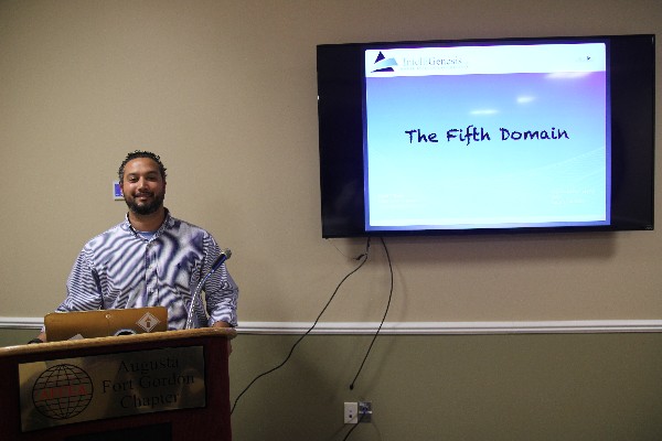 IntelliGenesis cybersecurity analyst David Diggs describes emerging threats to the fifth domain at the chapter's February Lunch and Learn. 