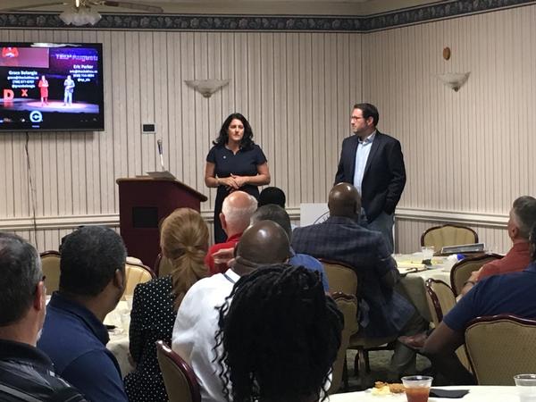 Grace Belangia and Eric Parker, co-founders of Augusta, Georgia, innovation hub theClubhou.se, speak to the chapter in July about advancing and supporting science, technology, engineering and mathematics (STEM) opportunities locally. 