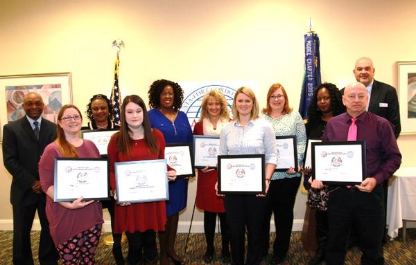 Local teachers receiving STEM Teaching Tool grants in January from Horace Carney, chapter vice president for scholarships and education (l), and Ed Velez, chapter president (r), are (from 2nd from l) Chasity Archer, Samaritan Simmons, Lauren McCord, Yolanda Jones, Judy Ward, Taylor Planz, Nicole Brouse, Alvina Head and Steve Roach. 