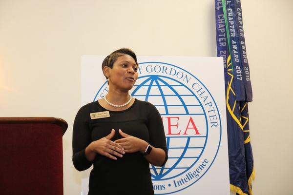 Felicia Cullars, representative, Georgia Department of Education, explains how the local AFCEA chapter has assisted in connecting teachers with local businesses and chapter sponsors. 