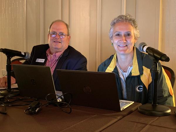 Chapter President Eric Gladman and Amy Tuschen, past chapter president, handle the microphones as narrator and question reader during CERTS in January.