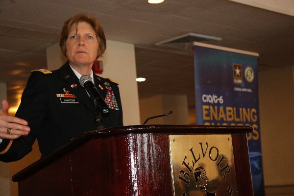 Col. Linda Jantzen, acting director, Army Architecture Integration Center explains that data must meet VAUTI criteria— visible, accessible,understandable, trusted and interoperable—at the chapter's luncheon in February.