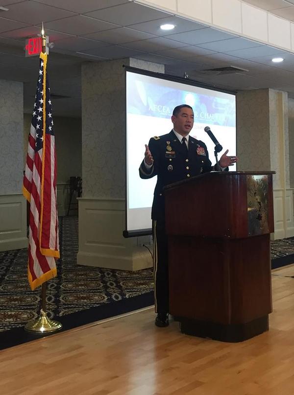 Maj. Gen. Garrett Yee, USA, acting director of cybersecurity for the Army Chief Information Officer (CIO)/G-6 office, defines the Army's network vision at the chapter's March luncheon.