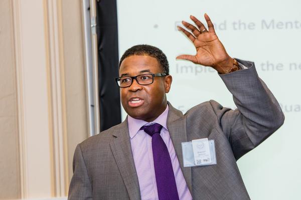 Shannon Jackson, associate director, U.S. Defense Department Office of Small Business Programs, discusses defense priorities, small-business spending performance data and goals during the chapter's April small-business forum.