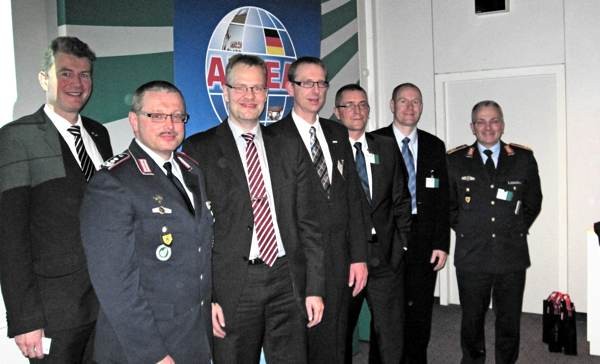 Together at the chapter's even ton NATO app stores are (l-r) Hartmut Jaeschke, chapter member; Col. Heiko Muehlmann, GEAF; Christoph Reich, Saoftware AG; Axel Koersgen, Thales Germany; Michael Mundt, Geosecure Informatik; Marko Prisky, Esri Germany; and Maj. Gen. Erich Staudacher, GEAF, chapter president, who opened the event.