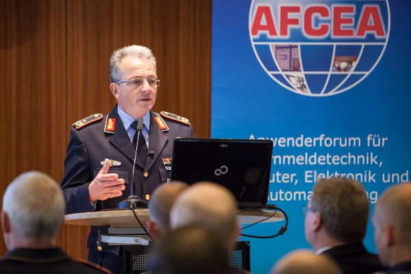 Maj. Gen. Erich Staudacher, GEAF, chapter president, opens the 28th Bonn TechExpo in May.