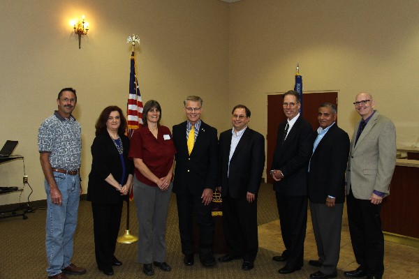 Together at the March luncheon are (l-r) Steve Kleinrath, chemistry and physics teacher, Rancho Buena Vista High School; Vicki Hines, chapter vice president for education; Jill Frank-Aldrich, Science Department chair, Rancho Buena Vista High School; Mark Witzel, chapter president; Irwin Norse, Datron World Communications; James Gunn, president of CredoGov; Jimmy Diaz; and Orion Linekin, Datron World Communications.