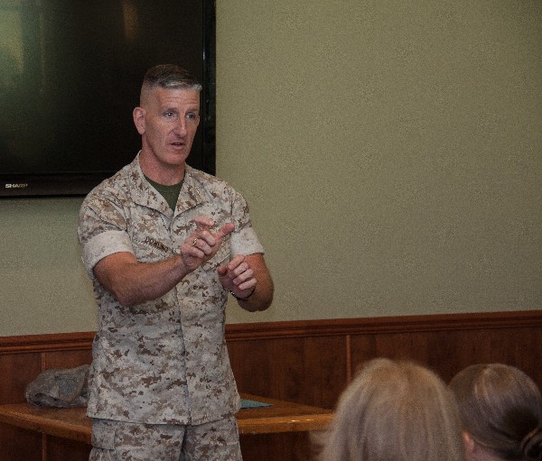 Col. Charles Dowling, USMC, assistant chief of staff G-6, First Marine Division, the guest speaker at the June luncheon, discusses the road ahead for 