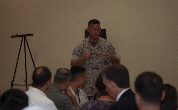 Lt. Col. Scott Voigts, USMC, deputy AC/S G-6 Marine Corps Installations West-Marine Corps Base Camp Pendleton, addresses the September luncheon concerning cybersecurity duties of his organization.