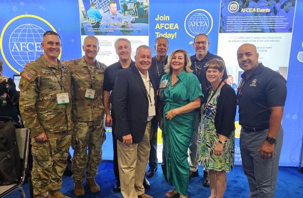 In August, (l-r) Lt. Col. Jared Snawder, USA, incoming chapter president; Col. Brian Kadet, USA, outgoing chapter president; Joe Haulton, chapter first vice president; Rob Hile, chapter ways and means chairman; Anthony Brown, chair, AFCEA International Small Business and Innovation Committees; Theresa Pines, chapter Space Coast liaison; Mark Christensen, AFCEA regional vice president; Kathy Curtis; and Edwin Pena, chapter scholarships chairman, pose for a photo during TechNet Augusta.