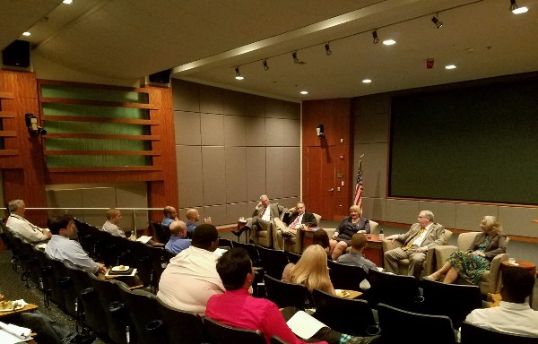 Panelists at the chapter's June mentorship night include (l-r) Will Reybold, Federal Data Systems LLC.; John Ceresi, who has more than 28 years of technical and leadership experience in government and industry; Sandy Stanar-Johnson, who has 30 years of broad intelligence community experience; William (Bill) Dunahoo Jr., president, Praxis Engineering Technologies Inc.; and Donna Naylor, business development lead, Booz Allen Hamilton.
