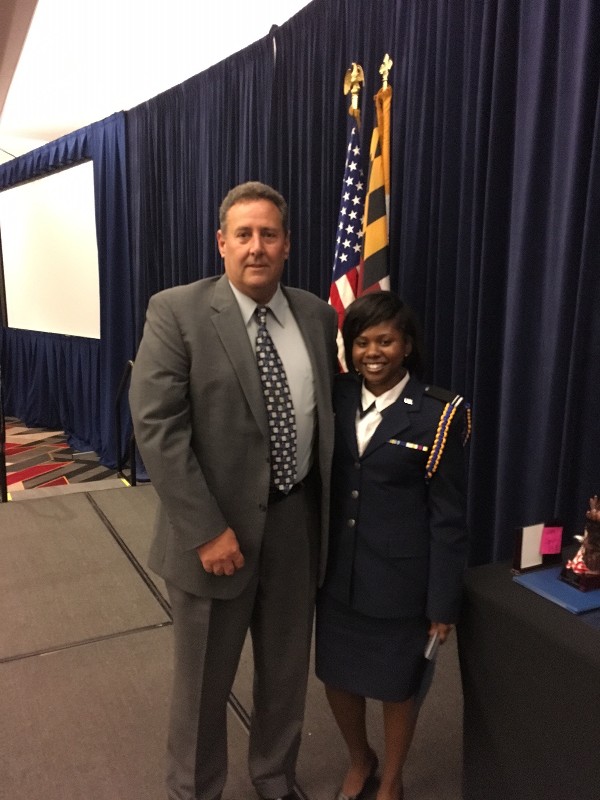 Michael Berganski meets with AFCEA International Education Foundation Honor Award winner Ebone Baker after the Air Force ROTC Detachment 330 Awards Banquet in April.