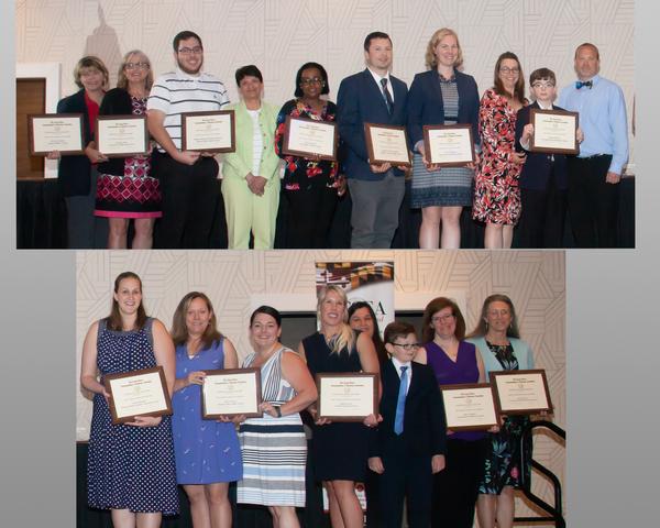 During the May annual Awards Night, the K-12 Kickstarter Grants recipients are (top picture l-r) Meade Middle School, Archbishop Spalding High School, Ellicott Mills Middle School, Dunloggin Middle School, Eldridge Landing Middle School and Key School Elementary School. In the bottom photo, the recipients are (l-r) Monarch Global Academy Elementary School, Patuxent Valley Middle School, Northfield Elementary School, Severna Park Elementary School and St. Johns the Evangelist Elementary School. 