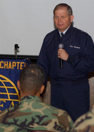 Brig. Gen. Thomas J. Verbeck, USAF, director of command, control, communications and warfighting integration (J-6), Headquarters U.S. European Command (EUCOM), describes EUCOM's strategy-based force structure to May meeting attendees.