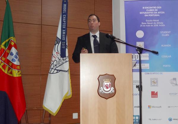 UBI student Tiago Sanches, chapter president, delivers the student chapter presentation during the May meeting at the Portuguese Naval Academy.