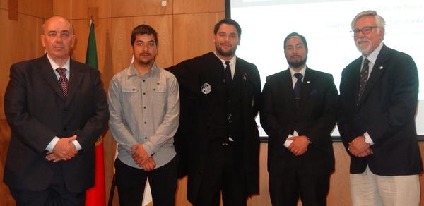 Adm. Rodolfo (far r) presents the chapter's board members at the May meeting. They include (l-r) Jorge Reis Silva, faculty advisor; Pedro Carneiro, secretary; Alexandre Nunes, second vice president; and Tiago Sanches, president.