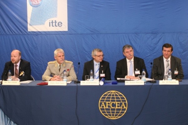 Attending the chapter's conference on cybersecurity in May are (l-r) Petr Jirasek, chairman of the Conference Program Committee; Lt. Gen. Petr Pavel, CZA, chief of the general staff of the Czech Armed Forces; Josef Strelec, chapter president; Dusan Navratil, director, National Security Authority; and Jiri Peterka, journalist and lecturer, Charles University, Prague.