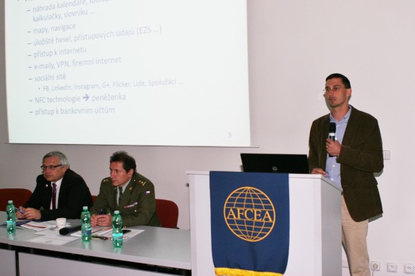 At the May event are Pavel Bezpalec of Czech Technical University (r), with Josef Strelec, chapter president (l), and Lt. Col. Petr Hruza, board member, University of Defense.


From the cyber workshop