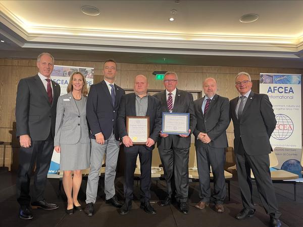 Pictured (l-r) are Brig. Gen. Paul Fredenburgh III, USA (Ret.), executive vice president for National Security and Defense, AFCEA International; Jordan; Miroslav Brvnišťan, Slovak Chapter president; Col. (Ret.) Roman Kytka, Col. (Ret.) Ladislav Kollárik; Jirasek; and Staudacher at the October event.
Col. Kytka was awarded the Regional Meritorious Service Award and Col. Kollarik was presented with a Certificate of Appreciation from AFCEA International.