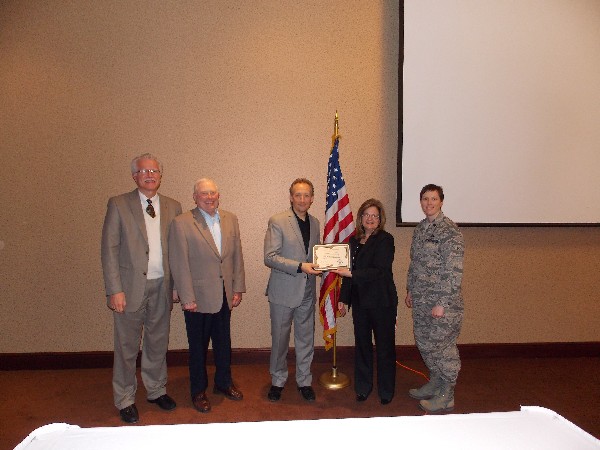 Together at the March luncheon are (l-r) Rick Wegmann, board president; Fred Scheyd, regional vice president; Thomas Girz, guest speaker and Logistics Sustainment Performance Management Division chief, Air Force Sustainment Center; Linda, Skinner, chapter president; and Brenda Oppel, vice president for programs.