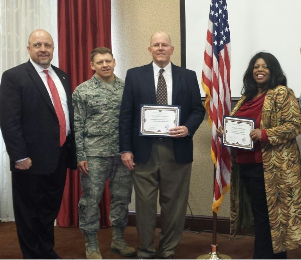 Together at the March luncheon are (l-r) David Hart, chapter president; Lt. Col. Joseph Wingo, USAF, chapter vice president for programs; Wendell Quinton, Enterprise Systems Branch for Budget, Accounting and Decision Support; and Dr. Jeanette Robinson, Small Business Support for Business Enterprise Systems Branch at Wright Patterson Air Force Base.