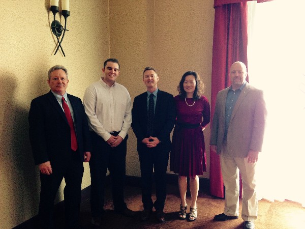 At the chapter's May luncheon, Wright State University information systems chair Shu Schiller (2nd from r) presented education awards with Dan Goddard, chapter vice president of education (l), and Chapter President David Hart (r) to Joshua Rowland (2nd from l) and Brent Ahlers. Not pictured is award winner Madison Susey.