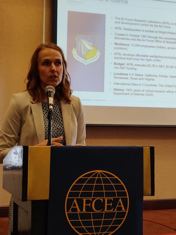 At the September luncheon, Jessica Salyer, deputy executive director, Air Force Research Laboratory, speaks to the chapter on current and future workforce efforts.