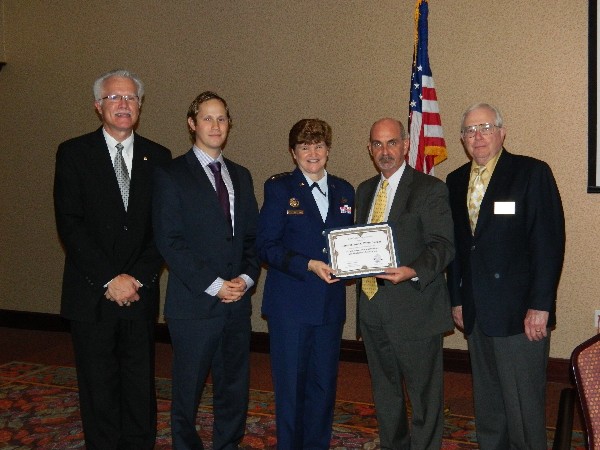 Gathering at the October meeting are (l-r) Rick Wegmann, chairman of the chapter's board; Casey Weinstein, chapter vice president for programs; Gen. Janet C. Wolfenbarger, USAF, vice commander, Air Force Materiel Command; Dan Curtis, chapter president; and Fred Scheyd, regional vice president.