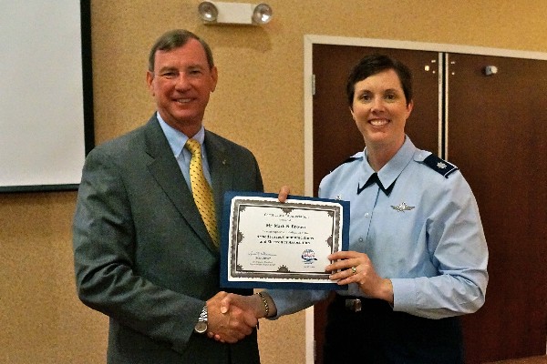 Lt. Col. Oppel presents Brown with the chapter's certificate of appreciation for speaking at the July luncheon.