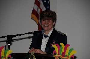 Brig. Gen. Janet Wolfenbarger, USAF, Air Force Materiel Command, delivers her guest speaker address at the February Valentine's Ball.